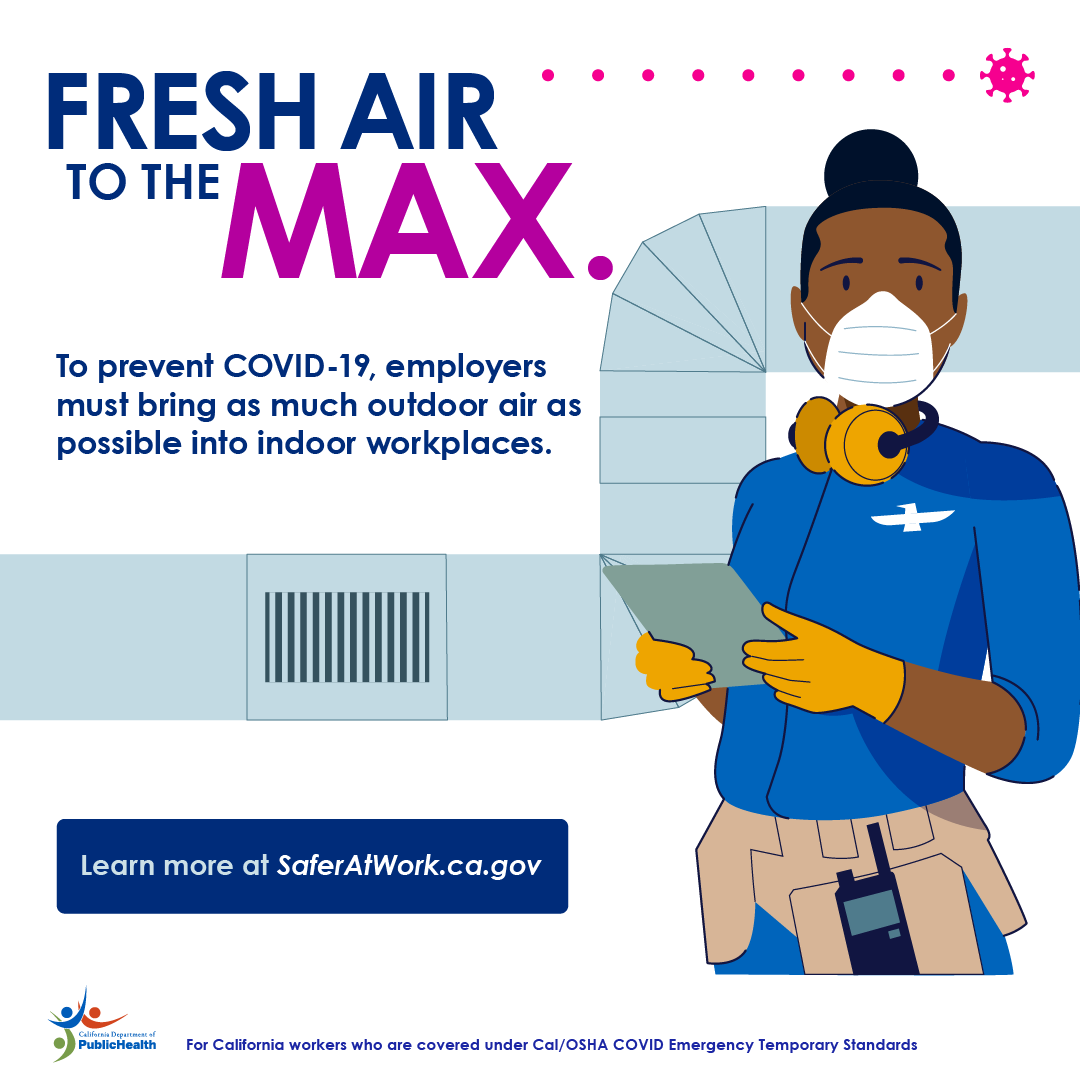 Woman checks air vent. Text: Fresh air to the max. To prevent COVID-19, employers must bring in as much outdoor air as possible…