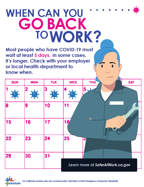Worker with a wrench Text: Most people who have COVID-19 must wait at least 10 days. In some cases longer.