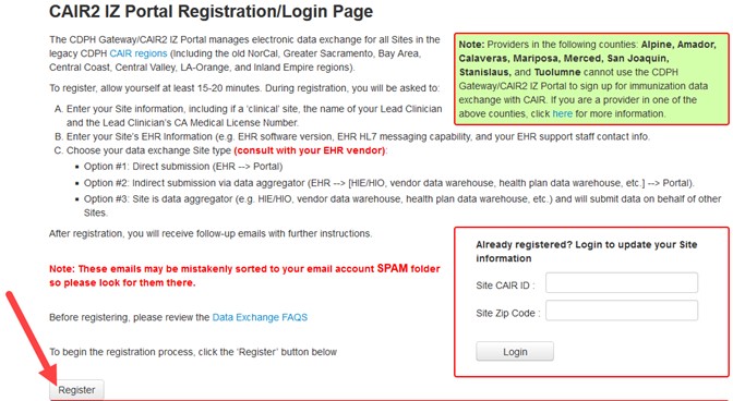 Image showing where to find the register button on the CAIR2 IZ Portal Page. Image showing where to find the register button on the CAIR2 IZ Portal Page.