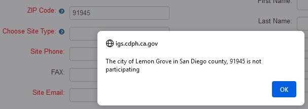 Image showing a popup that indicates the provider's San Diego city is not participating. Click "OK" Image showing a popup that indicates the provider's San Diego city is not participating. Click "OK"