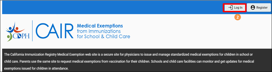 CAIR ME home page highlighting the Log In button. CAIR ME home page highlighting the Log In button.