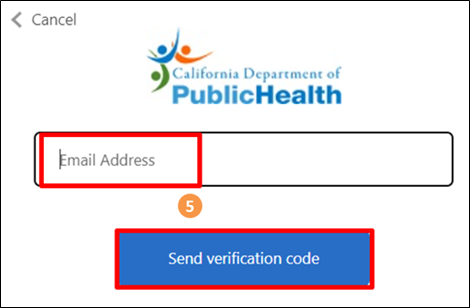 Email address dialog box highlighting where to enter email address and the Send Verification Code button. Email address dialog box highlighting where to enter email address and the Send Verification Code button.