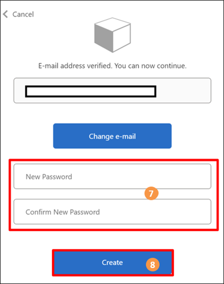 Verification screen highlighting where to enter new password and the Create button. Verification screen highlighting where to enter new password and the Create button.