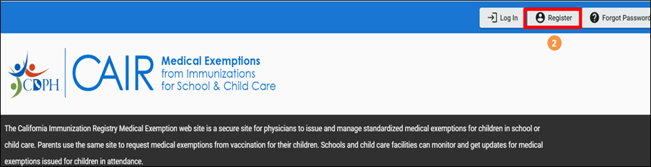CAIR ME home page highlighting Register button CAIR ME home page highlighting Register button