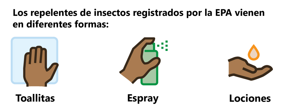Los repelentes de insectos registrados por la EPA vienen en diferentes formas: toallitas, espray, lociones Los repelentes de insectos registrados por la EPA vienen en diferentes formas: toallitas, espray, lociones
