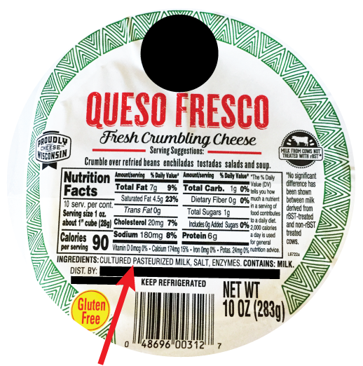 Etiqueta de queso fresco con leche pasteurizada en los ingredientes Etiqueta de queso fresco con leche pasteurizada en los ingredientes