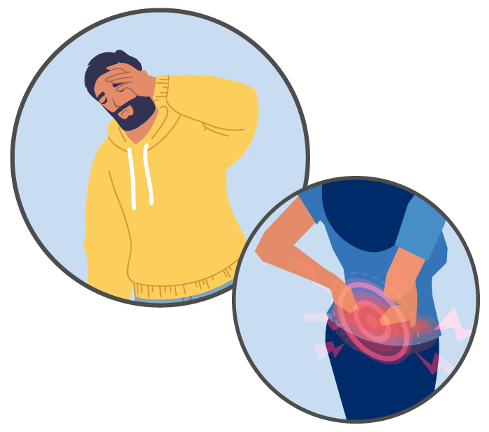 Person holding their head in pain, and another person clutching their back in pain Person holding their head in pain, and another person clutching their back in pain