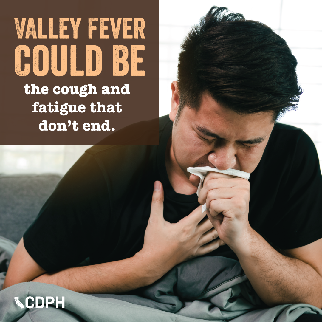 Valley fever could be the cough and fatigue that don't end. Man coughing and holding his chest. Valley fever could be the cough and fatigue that don't end. Man coughing and holding his chest.