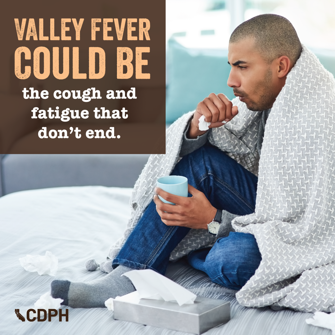 Valley fever could be the cough and fatigue that don't end. Man coughing with blanket around him. Valley fever could be the cough and fatigue that don't end. Man coughing with blanket around him.
