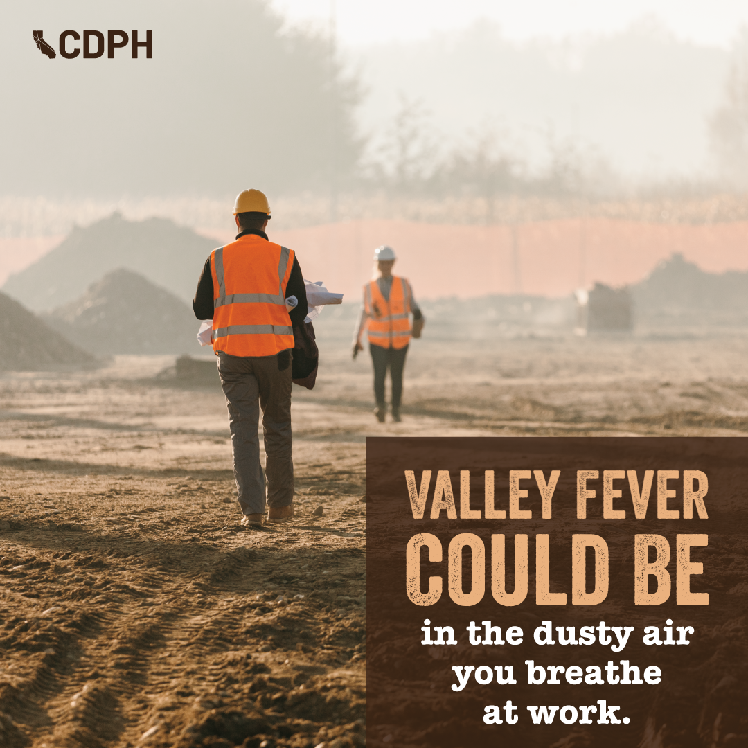 Valley fever could be in the dusty air you breathe at work. Two people walking in a construction site. Valley fever could be in the dusty air you breathe at work. Two people walking in a construction site.