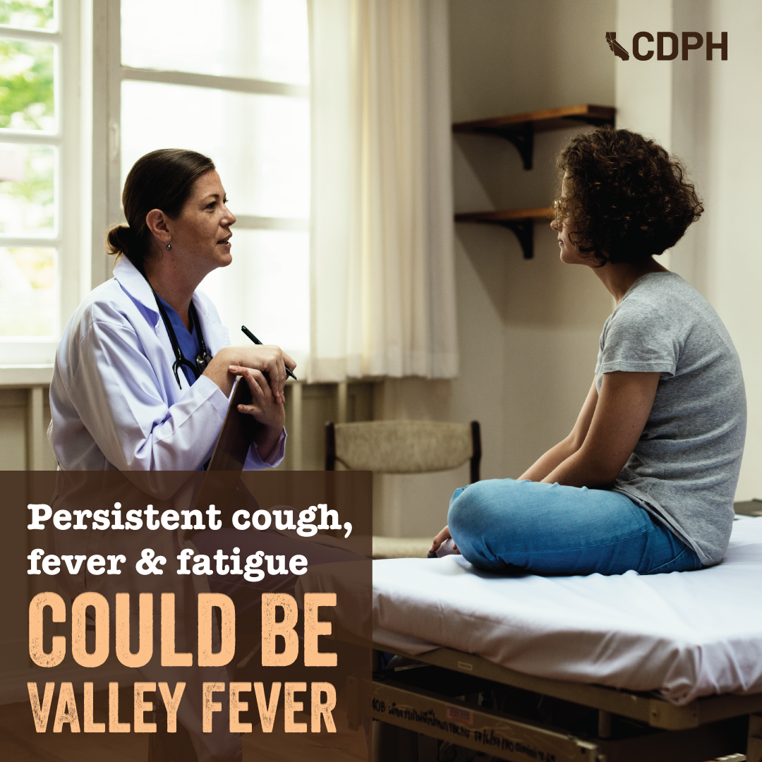 Persistent cough, fever, and fatigue could be Valley fever. Doctor and patient talking in exam room. Persistent cough, fever, and fatigue could be Valley fever. Doctor and patient talking in exam room.