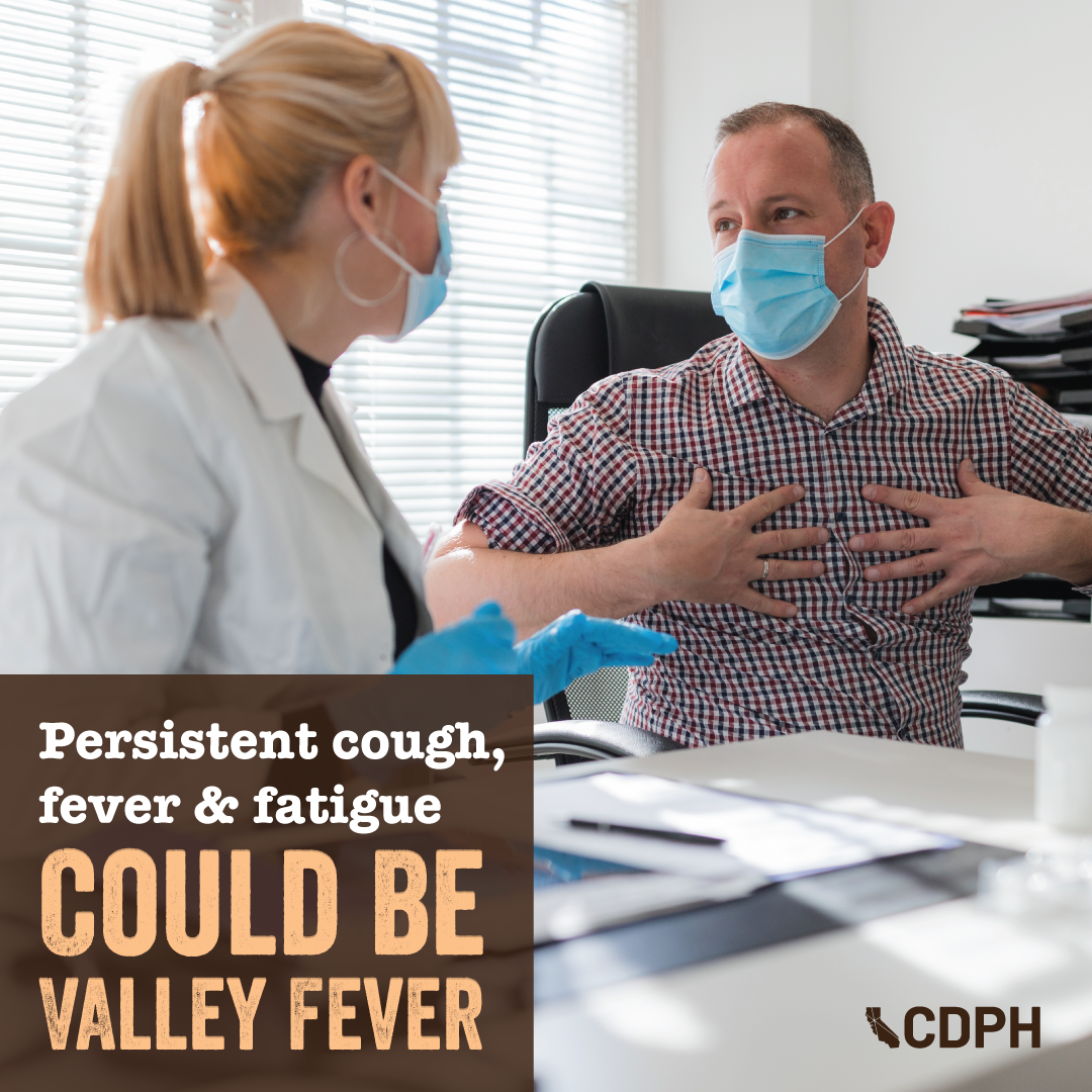 Persistent cough, fever, and fatigue could be Valley fever. Masked doctor and patient talking in office. Persistent cough, fever, and fatigue could be Valley fever. Masked doctor and patient talking in office.