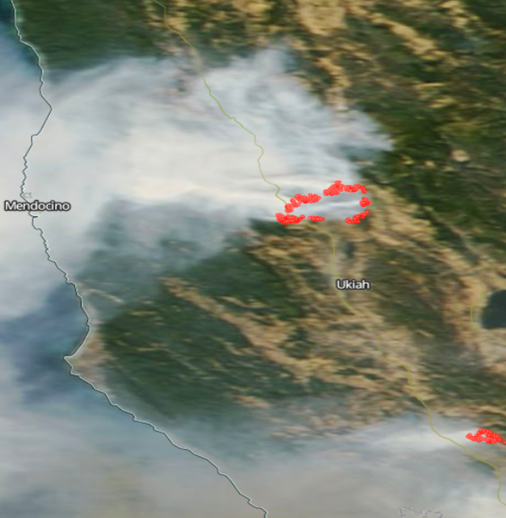 Satellite Image of Actual Fires in Mendocino County, October 9, 2017