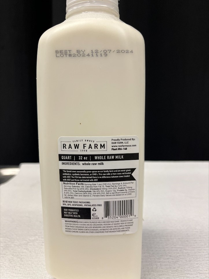 Photo of back of Raw Farm raw milk carton Photo of back of Raw Farm raw milk carton