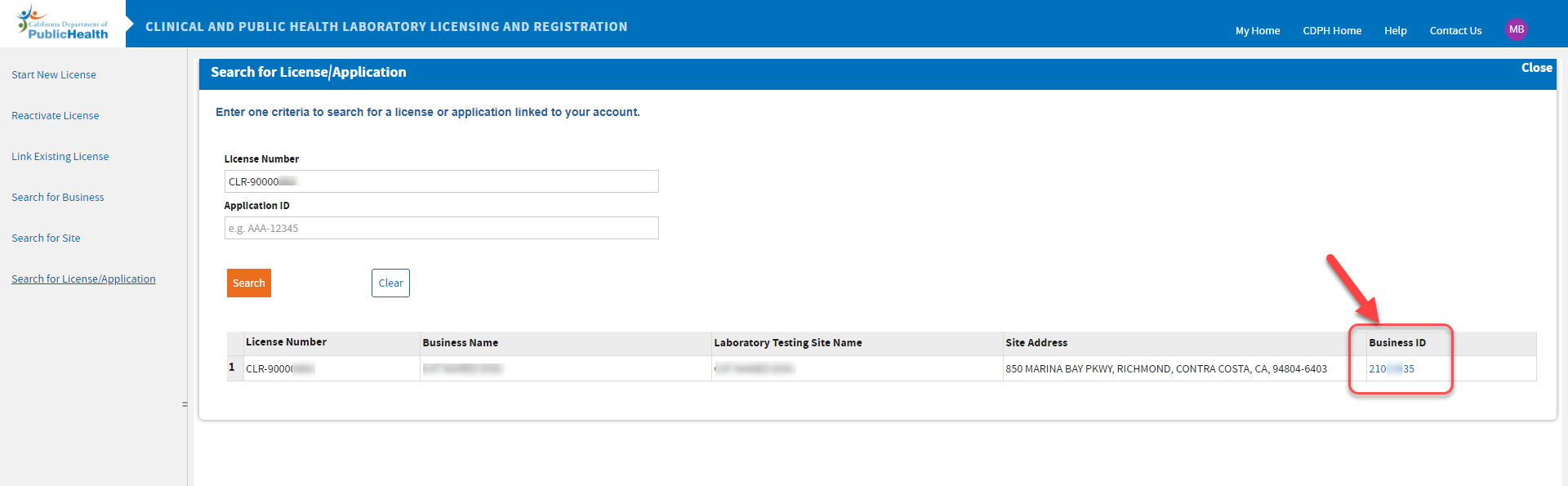 Sample search result for License Number or Application ID linked. Sample search result for License Number or Application ID linked.