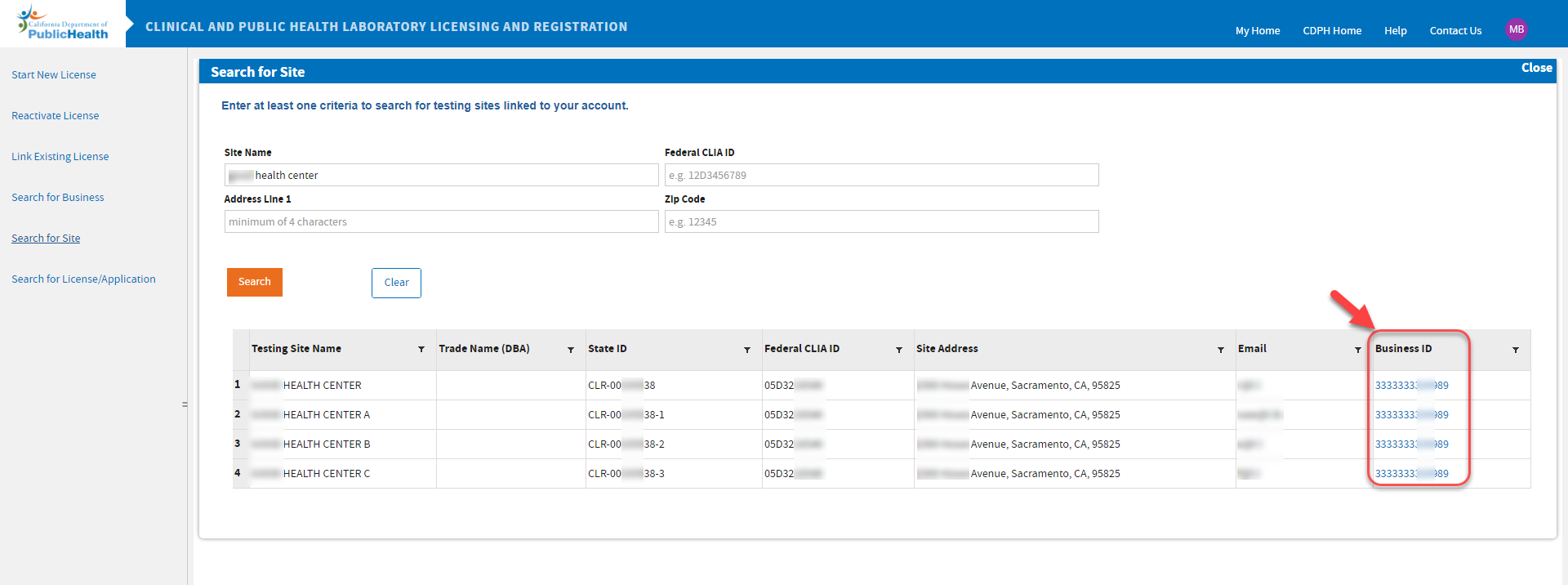 Sample search result for site search showing the link to the site business ID Sample search result for site search showing the link to the site business ID