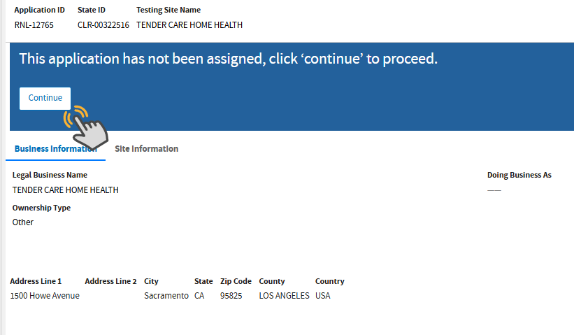 Hand clicking the Continue button. It shows the current information on Business and Site Hand clicking the Continue button. It shows the current information on Business and Site