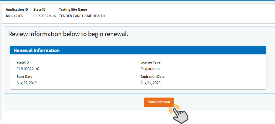 Hand clicking the Start Renewal button Hand clicking the Start Renewal button